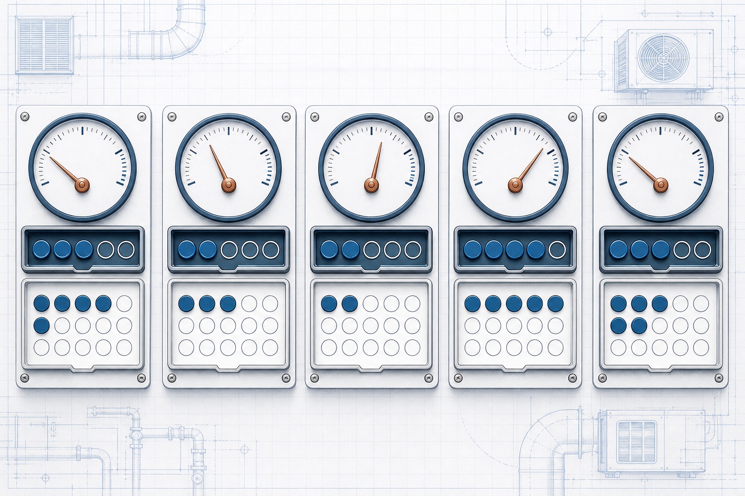 Five HVAC membership measurement modules showing separate numerator and denominator token trays