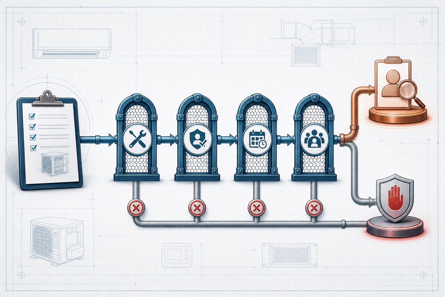 A completed HVAC service record passing through four eligibility gates before follow-up or suppression